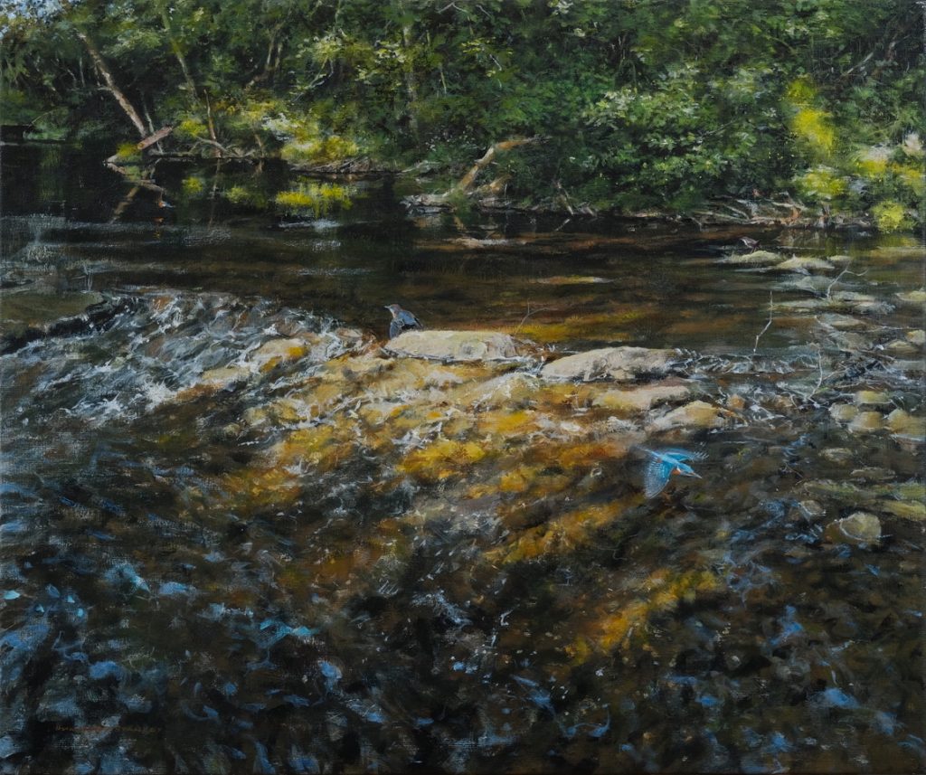 Two Kingfishers and Two Dippers, River Monnow 20” x 24”. Acrylic on Canvas